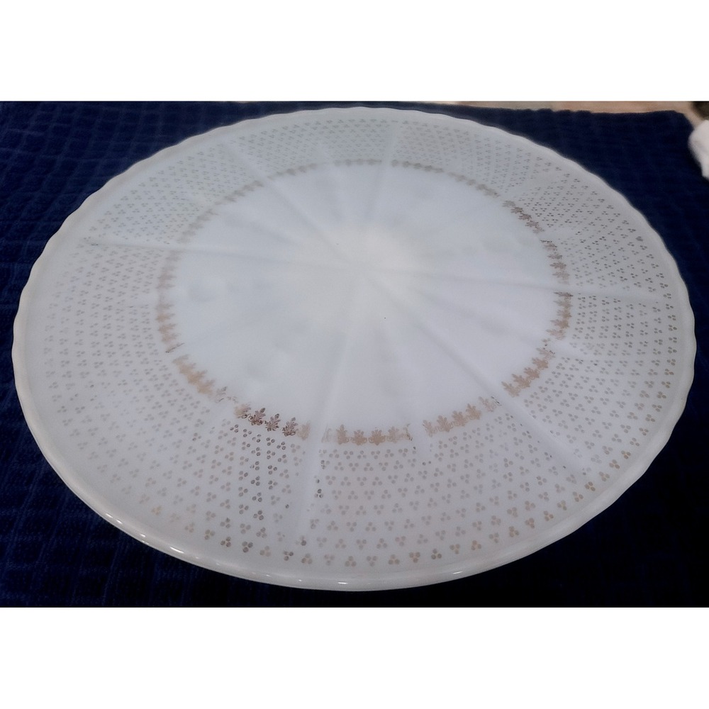 Anchor Hocking Starburst 1950's Milk Glass 10" Cake Stand ‎ Plate Gold Accent
